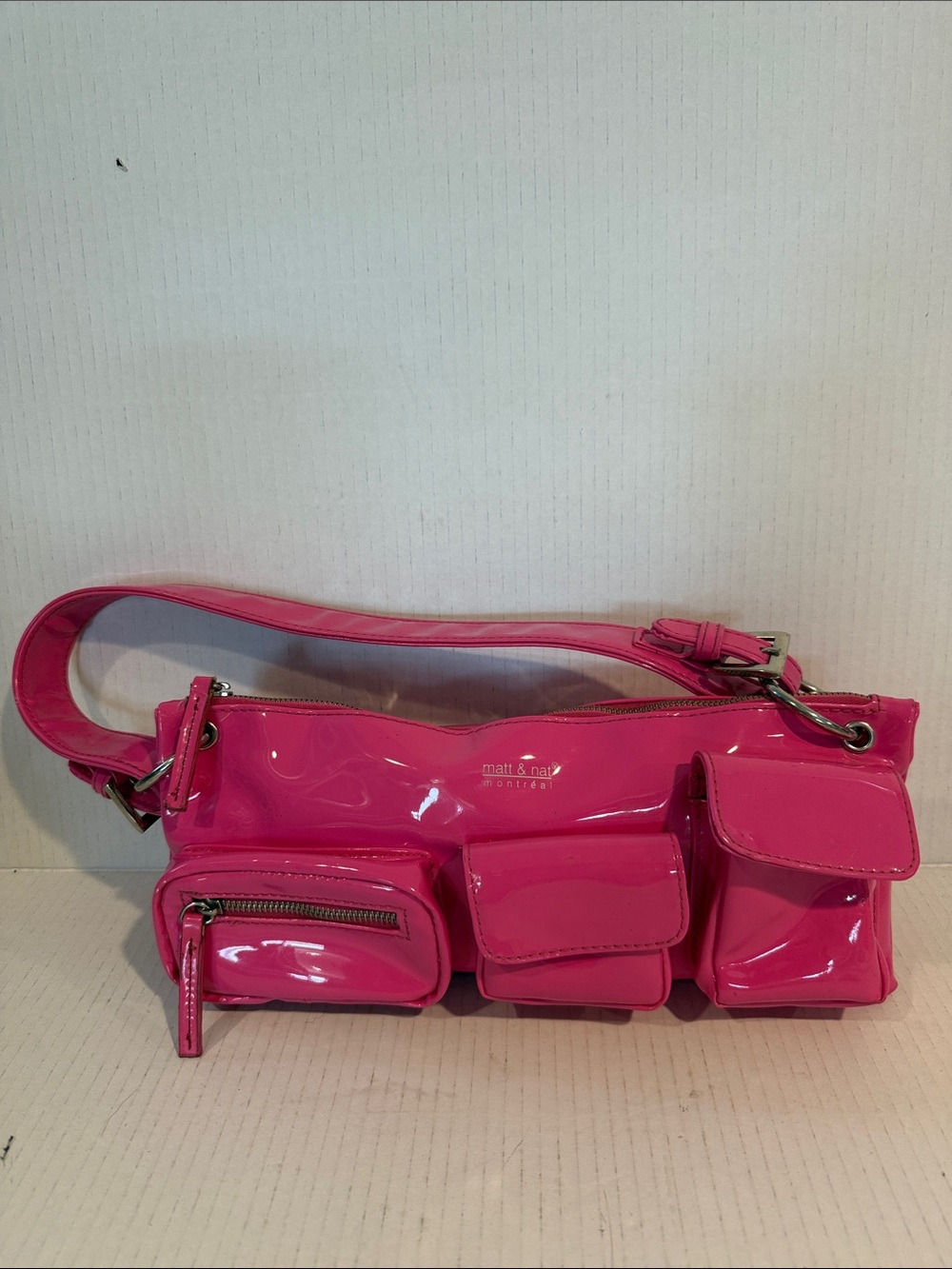 Matt & Nat Patent Hot Pink Shoulder Bag with Multiple Front Pockets